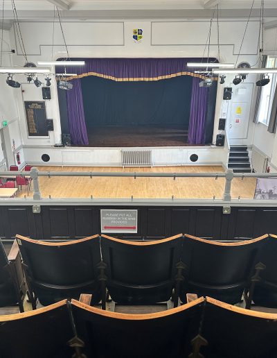 Theatre stage at East Cowes Town Hall with lighting setup
