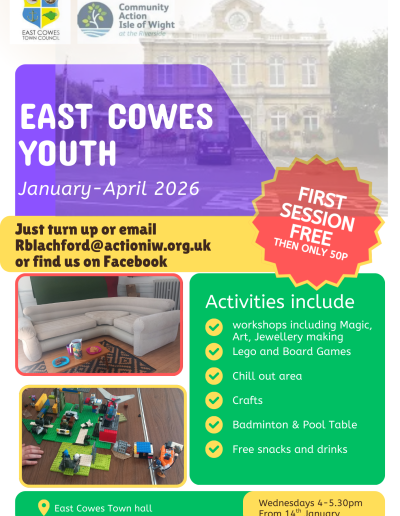 Poster advertising East Cowes Youth, a weekly youth club at East Cowes Town Hall running January to April 2026, every Wednesday from 4:00 to 5:30pm. First session is free, then 50p, with activities including crafts, games, sports, chill-out space, and free snacks and drinks.